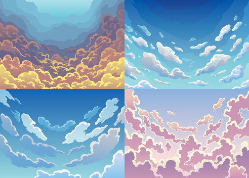 Set svening sky clouds. Realistic backdrops in soft pastel colors. Morning landscapes with clouds and gradient sky, colorful heaven skies backgrounds