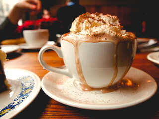 Close up of creamy coffee in a cafe.