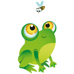 Vector image of a funny, cute green frog looking at a fly. Cartoon style. Children's illustration.