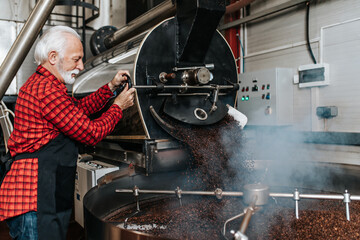 Senior man operating coffee roasting machine in coffee shop. Coffee industry.