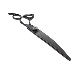 Scissors for cutting people and pets. Grooming scissors. Closed scissors on a white isolated background. Angle view.