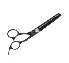 Scissors for cutting people and pets. Grooming scissors. Closed scissors on a white isolated background. Side view.