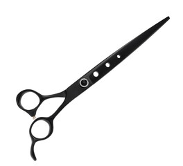 Scissors for cutting people and pets. Grooming scissors. Closed scissors on a white isolated background. Side view.