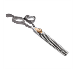 Scissors for cutting people and pets. Grooming scissors. Closed scissors on a white isolated background. Angle view.