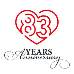 83 years anniversary celebration number thirty bounded by a loving heart red modern love line design logo icon white background