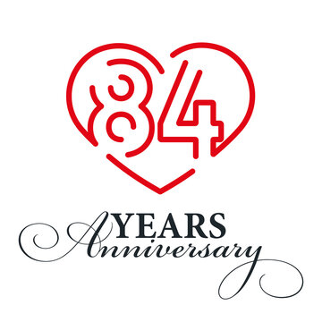 84 years anniversary celebration number thirty bounded by a loving heart red modern love line design logo icon white background