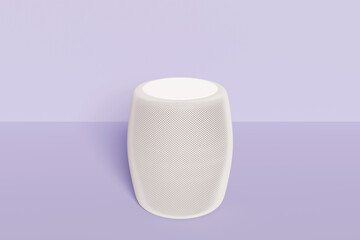 Home white smart speaker. Modern gadget voice assistant. 3D rendering lilac background.