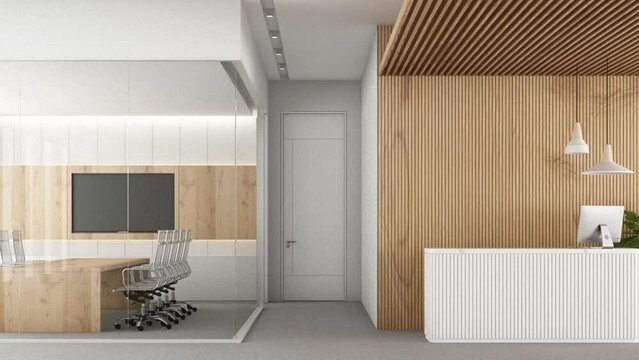 Front view of a white wood reception desk with laptops standing on it in front of a modern office wall. wooden slats wall and ceiling and meeting room, carpet floor and pendant 3d rendering animation