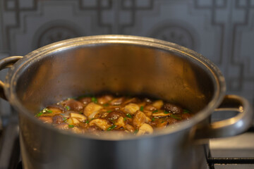 delicious and healthy japanese vegetable soup with onion mushrooms, soy sauce, noodles and leek