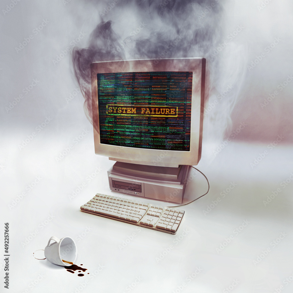 Poster this computers time is up. shot of a desktop computer smoking after burning out.