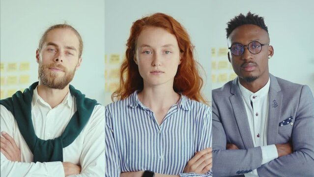 Collage portrait of mixed race business people looking into the camera. Multi Screen. Business concept. Multiethnic face posing man. Slow motion