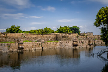 Fototapeta premium Vellore Fort is a large 16th-century fort situated in heart of the Vellore city, in the state of Tamil Nadu, It was built by Vijayanagara kings. The fort is known for its grand ramparts. ASI site.