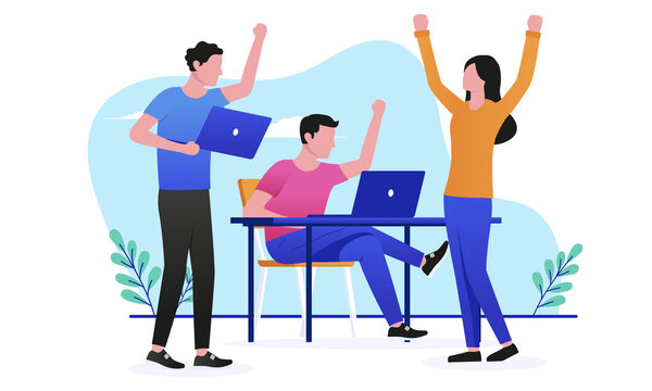 Happy business team - Three people in casual clothes cheering and celebrating. Flat design vector illustration with white background