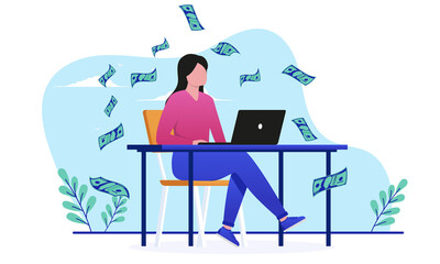 Woman with internet income - Female person with computer making money online. Flat design vector illustration with white background