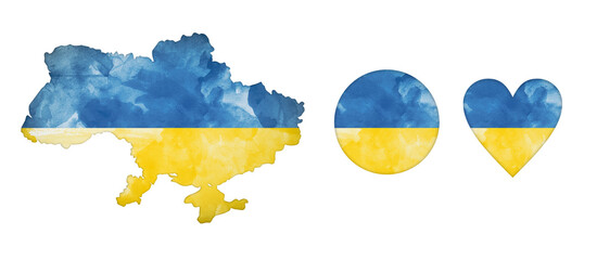 Set of Ukraine map, round badge and heart with flag. Illustration isolated on a white background.