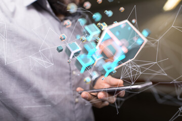 Global network. Blockchain. 3D illustration. Neural networks and artificial intelligence. Abstract