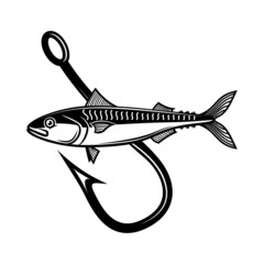 Mackerel fish and crossed fishing hooks. Design element for logo, emblem, sign, poster, t shirt. Vector illustration