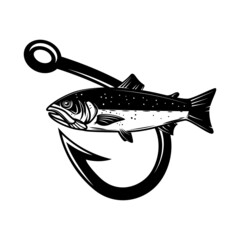 Salmon and fishing hook. Design element for emblem, sign, badge, logo. Vector illustration