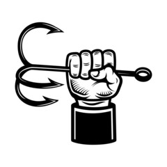 Hand holding fish hook. Design element for poster, card, banner,emblem, sign. Vector illustration