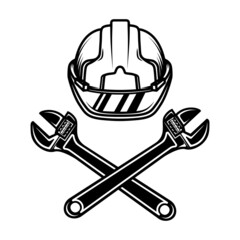 Worker helmet and crossed wrenches. Design element for logo, emblem, sign, poster, t shirt. Vector illustration