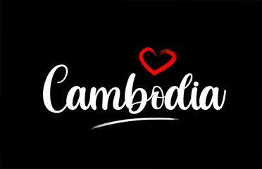 Cambodia country with love red heart on black background