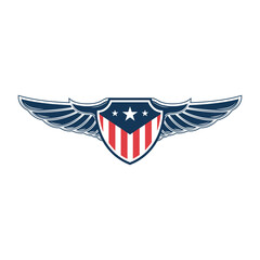 Emblem template with american flag and wings. Design element for emblem, sign, badge, logo. Vector illustration