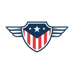Emblem template with american flag and wings. Design element for emblem, sign, badge, logo. Vector illustration