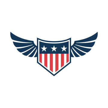 Emblem template with american flag and wings. Design element for emblem, sign, badge, logo. Vector illustration