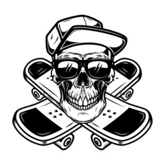 Skateboarder skull with crossed skateboards. Design element for logo, label sign, poster, t shirt. Vector illustration