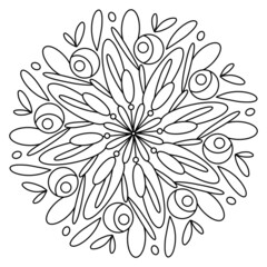 Abstract floral background. Anti-stress floral coloring. Linear mandala pattern. The sketch of the tattoo is drawn with black lines.