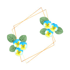 flowers of yellow-blue violets with green leaves on the frame. Watercolor abstract illustration isolated on white background hand drawn

