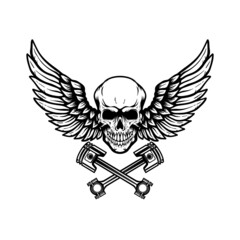 Winged skull with crossed pistons. Design element for emblem, sign, badge, logo. Vector illustration
