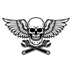 Winged skull with crossed wrenches. Design element for emblem, sign, badge, logo. Vector illustration