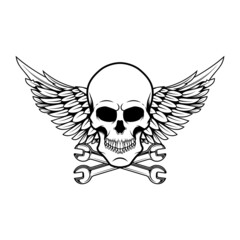 Winged skull with crossed wrenches. Design element for emblem, sign, badge, logo. Vector illustration