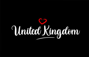 United Kingdom country with love red heart on black background