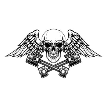 recommend clip art: Winged skull with crossed pistons. Design element for emblem, sign, badge, logo. Vector illustration