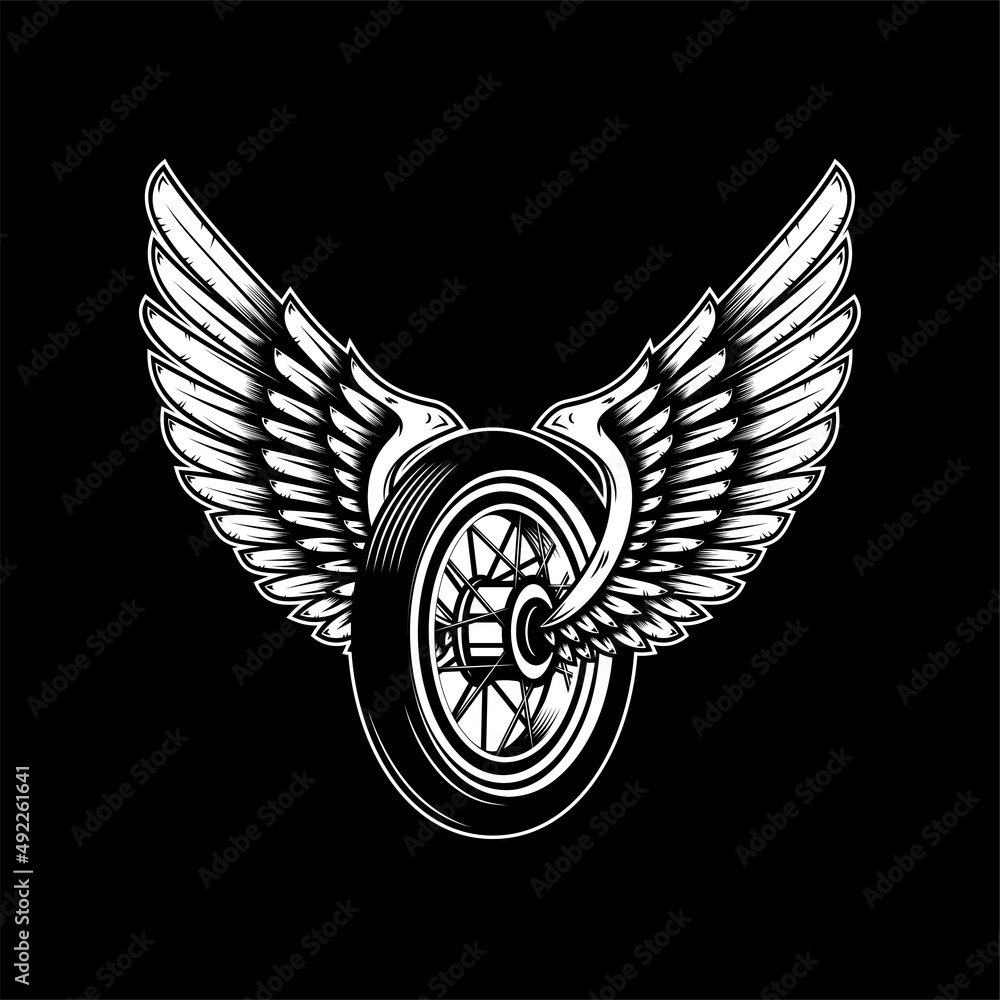 Wall mural illustration of winged wheel. design element for logo, label, sign, emblem. vector illustration