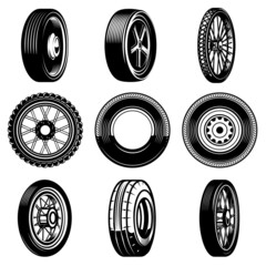 Set of wheels illustration in monochrome style. Design element for logo, label, sign, emblem. Vector illustration