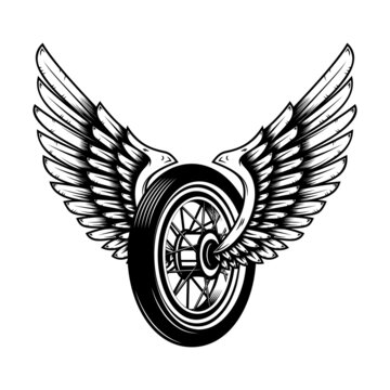 Illustration of winged wheel isolated on white background. Design element for logo, label, sign, poster, t shirt. Vector illustration