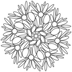 Anti-stress floral coloring. Linear mandala pattern. The sketch of the tattoo is drawn with black lines. Abstract floral background.