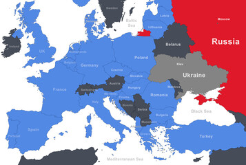 Russia, North Atlantic alliance and Ukraine on Europe outline map