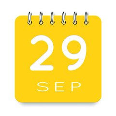 29 day of the month. September. Cute yellow calendar daily icon. Date day week Sunday, Monday, Tuesday, Wednesday, Thursday, Friday, Saturday. Cut paper. White background. Vector illustration.