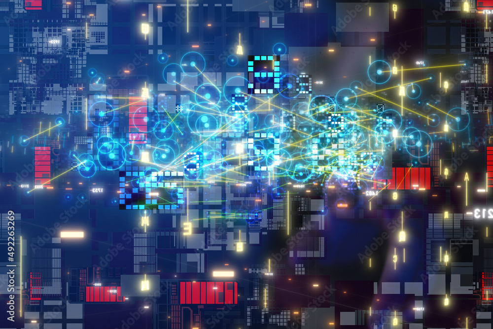 Poster neural network 3d illustration. big data and cybersecurity