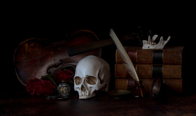 Vanitas skull still life with roses 