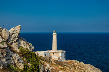 Fototapeta na wymiar The lighthouse of Punta Palascia, in Otranto, Lecce, Salento, Puglia, Italy. The cape is Italy's most easterly point. The building is on the promontory that separates the Adriatic and Ionian seas.
