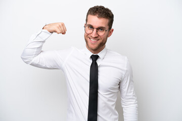 Young business caucasian man isolated on white background doing strong gesture