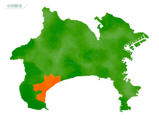 水彩風の地図　神奈川県　小田原市