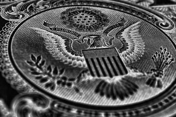 1 US dollar. Fragment of banknote. Reverse of bill with the Great Seal. The bald eagle is the national symbol. Black and white inverted background. American treasury and treasuries. Economy of the USA
