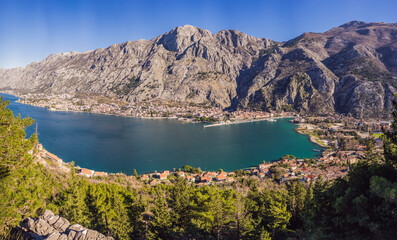 Old city. Kotor. Montenegro. Narrow streets and old houses of Kotor at sunset. View of Kotor from the city wall. View from above