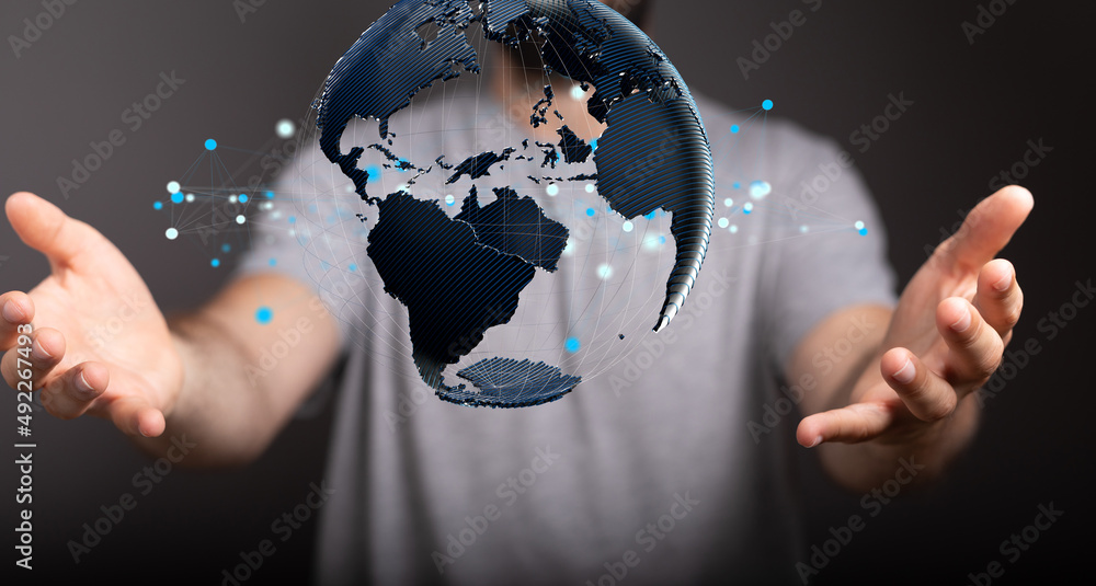 Poster network holding in hand 3d connection data global